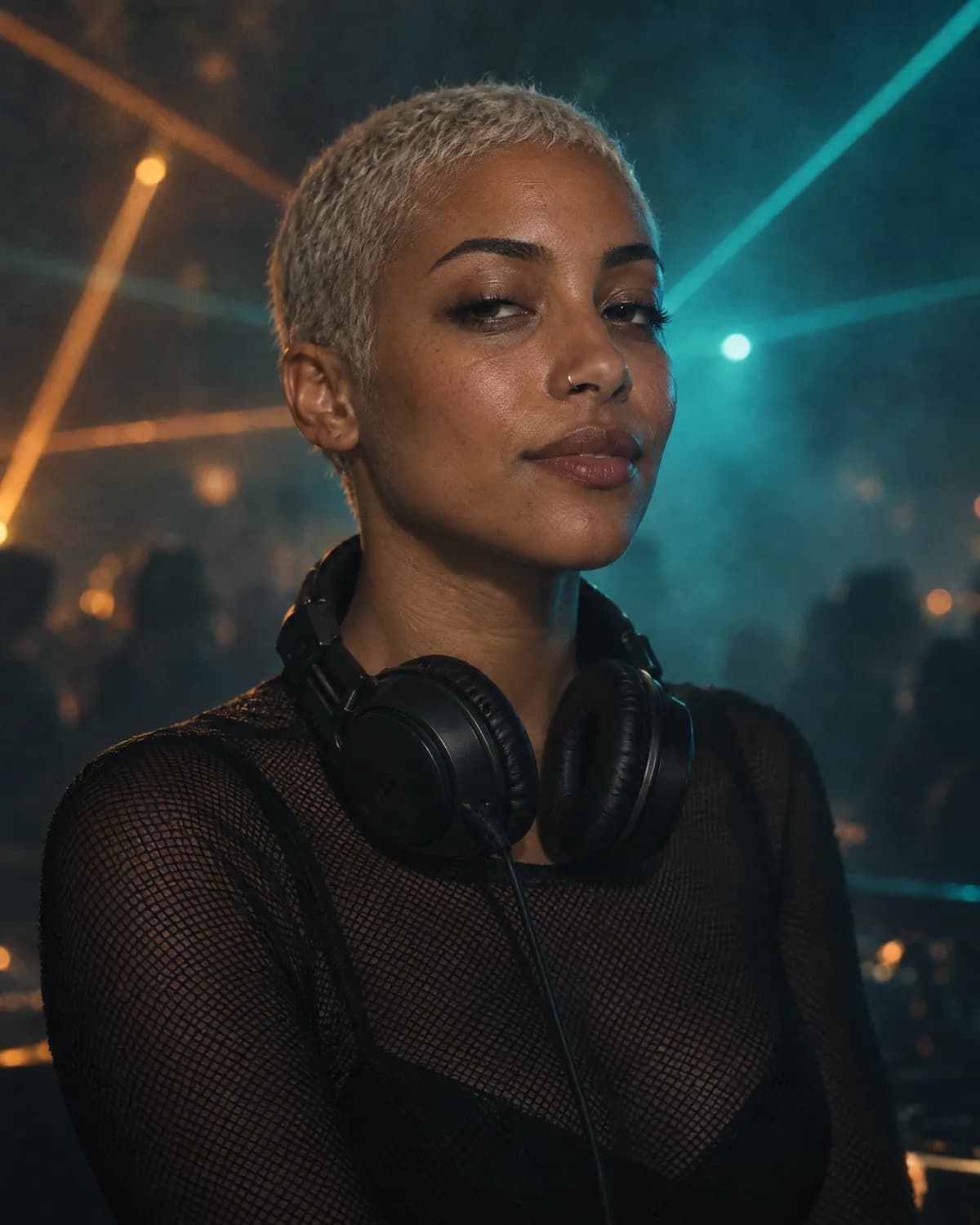 Juno Hale — a DJ with a platinum buzz cut and headphones around her neck in a hazy club