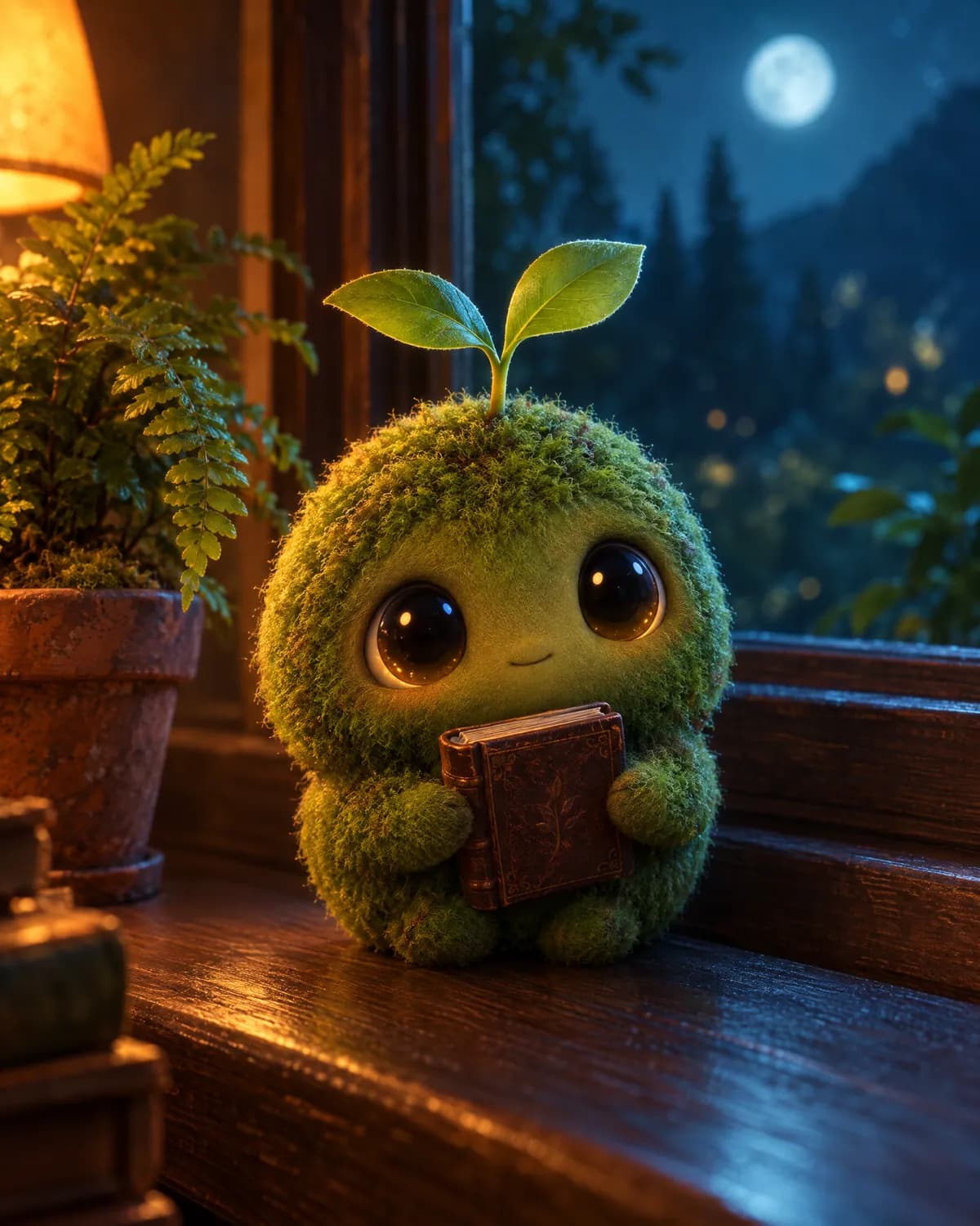 Kiko — a small round moss-covered creature with big eyes holding a tiny book on a windowsill