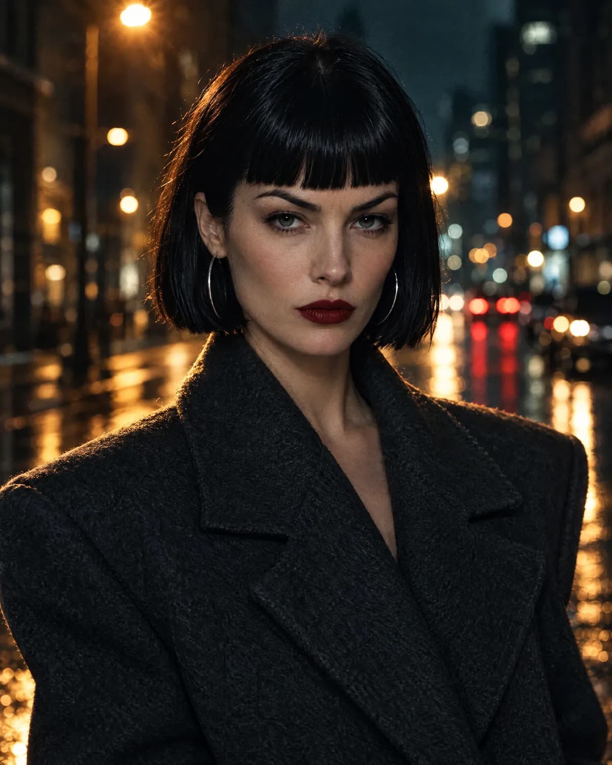 Margaux Vey — a woman with a sharp black bob and an oversized charcoal coat on a rainy street at night