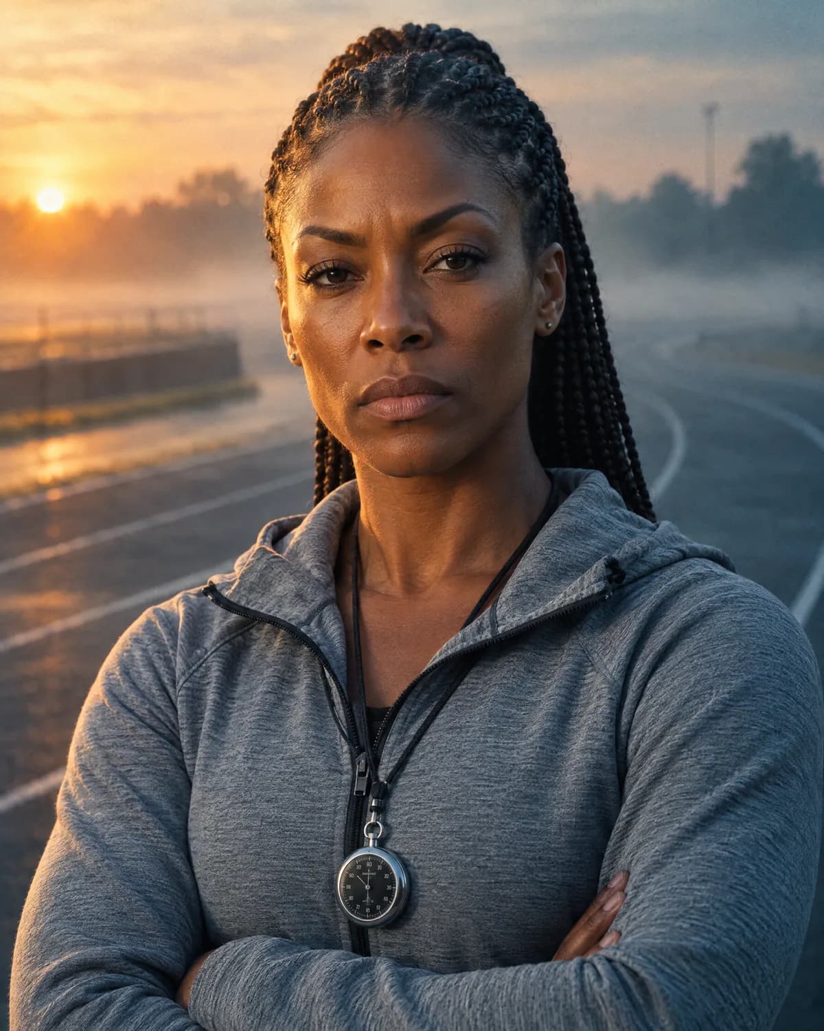 Rhea Stone — a stern running coach with box braids and a stopwatch on an empty track at dawn